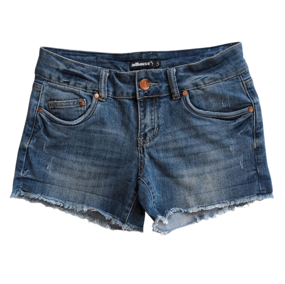 Dollhouse Sienna Distressed Frayed Hem Denim Jean Shorts 5 Blue